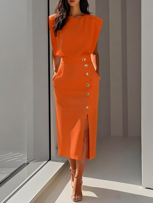 Robe Midi Sans Manches Avec Boutons Pour Femme | Idéale Pour Usage Quotidien Et Occasions