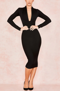 Robe Midi Noire Près du Corps avec Col en V pour Femme | Idéale pour les Soirées ou Événements