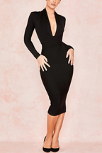 Robe Midi Noire Près du Corps avec Col en V pour Femme | Idéale pour les Soirées ou Événements