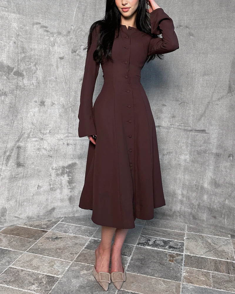 Robe Midi Boutonnée Avec Taille Cintrée Et Manches Longues Pour Femmes | Adaptée Aux Tenues Quotidiennes