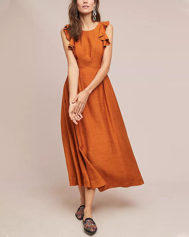 Robe Midi Sans Manches Avec Détails À Volants Pour Femme | Idéal Pour Usage Quotidien Et Été