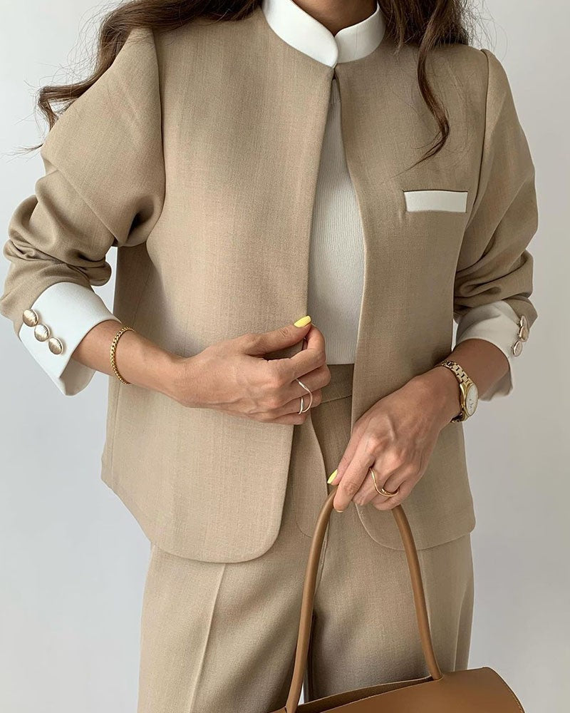 Blazer Court Bicolore à Col Montant pour Femmes | Ideal for Mi-Saison et Usage Quotidien