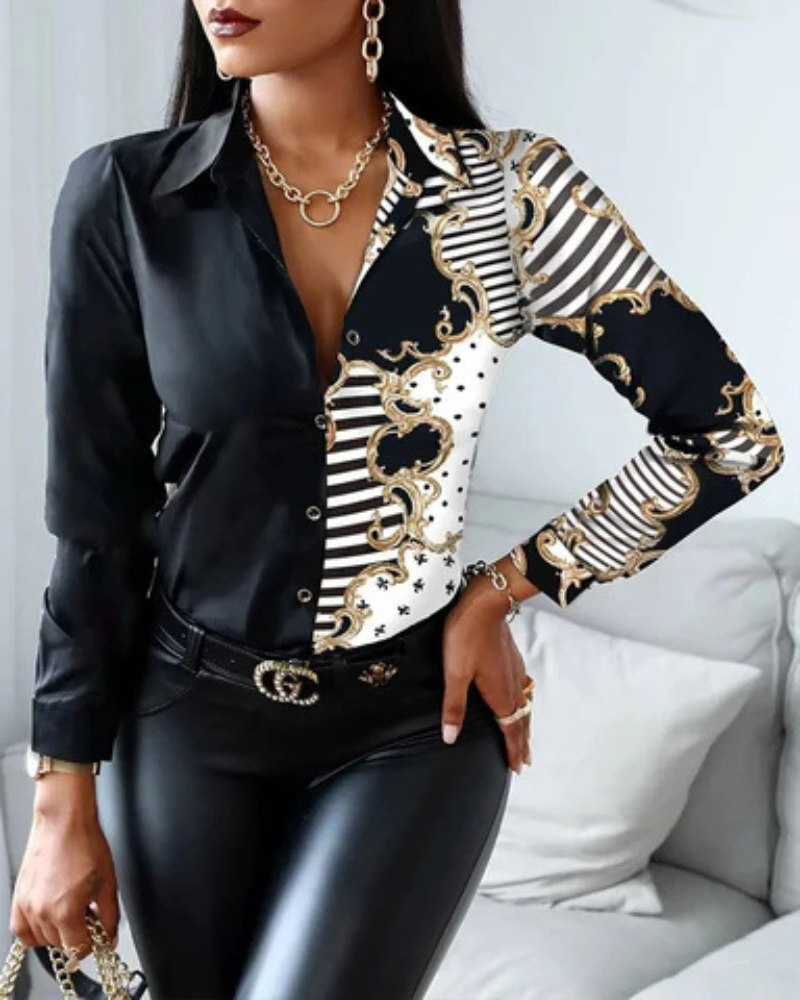 Blouse À Manches Longues Avec Motif Imprimé Partiel Pour Femme | Idéal Pour Usage Quotidien
