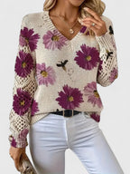 Pull À Motif Floral Avec Col En V Et Manches Longues Pour Femmes | Idéal Pour Le Quotidien