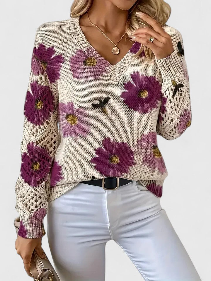 Pull À Motif Floral Avec Col En V Et Manches Longues Pour Femmes | Idéal Pour Le Quotidien