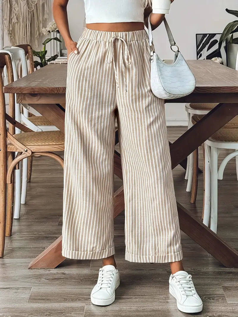 Pantalon Droit à Rayures avec Taille Élastique pour Femme | Idéal pour le Quotidien et le Travail