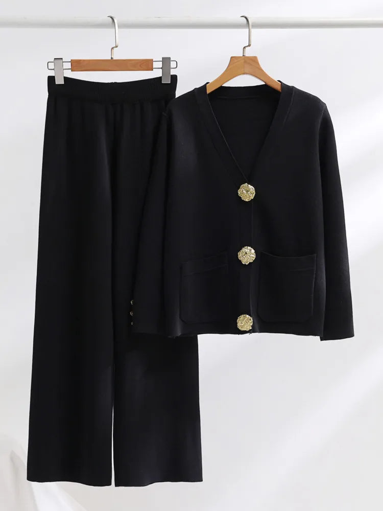 Ensemble Deux Pièces Avec Cardigan Col V Et Pantalon Large Pour Femmes | Idéal Pour Usage Quotidien Et Saison Fraîche