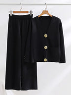 Ensemble Deux Pièces Avec Cardigan Col V Et Pantalon Large Pour Femmes | Idéal Pour Usage Quotidien Et Saison Fraîche