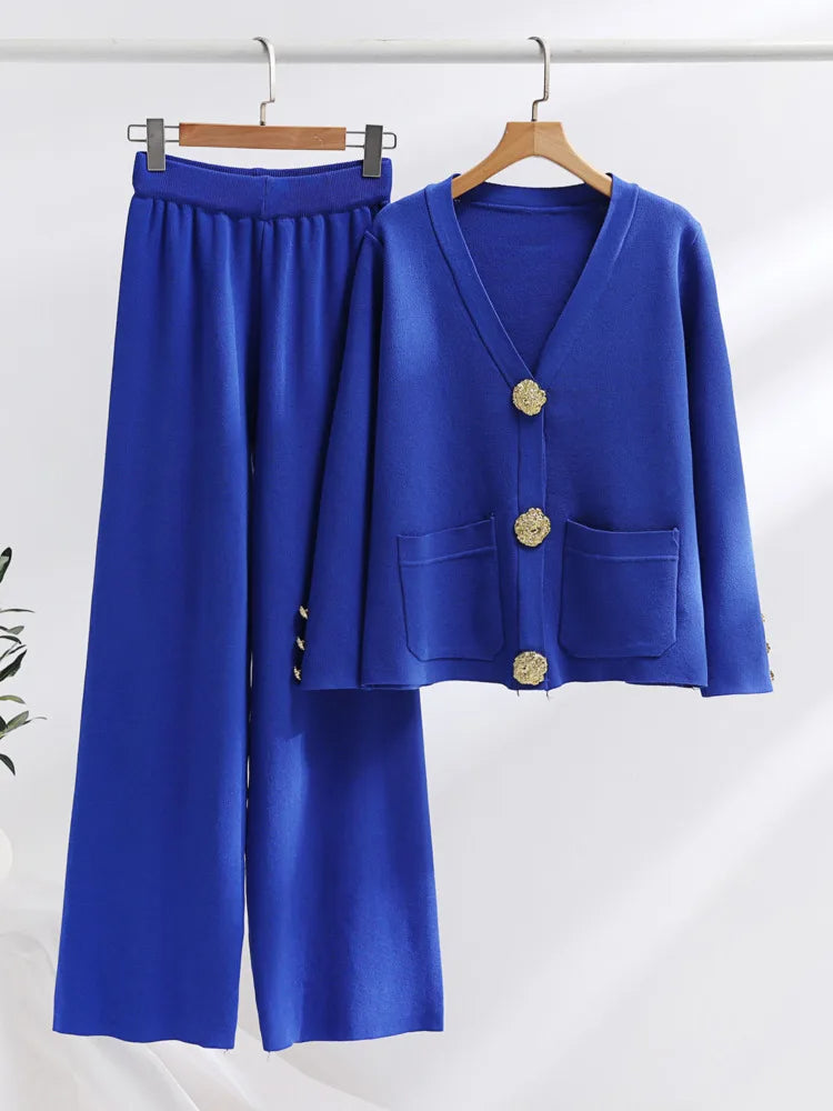 Ensemble Deux Pièces Avec Cardigan Col V Et Pantalon Large Pour Femmes | Idéal Pour Usage Quotidien Et Saison Fraîche
