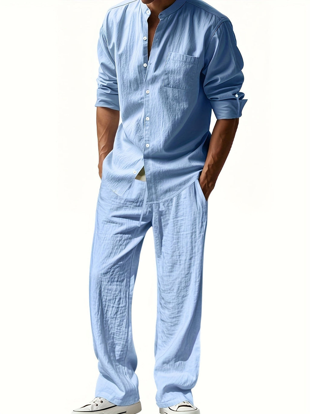 Ensemble Deux Pièces avec Col Mao et Taille Élastique pour Homme | Idéal pour la Saison Chaude