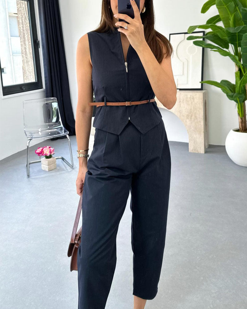 Combinaison Sans Manches avec Col Montant et Ceinture à la Taille pour Femmes | Idéal pour Tenues Quotidiennes