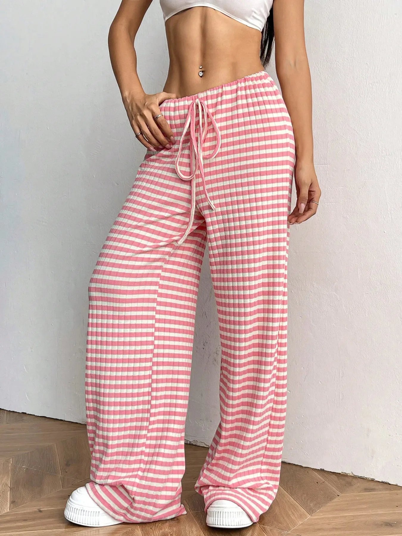Pantalon Large à Rayures avec Taille Ajustable pour Femme | Idéal pour le Quotidien