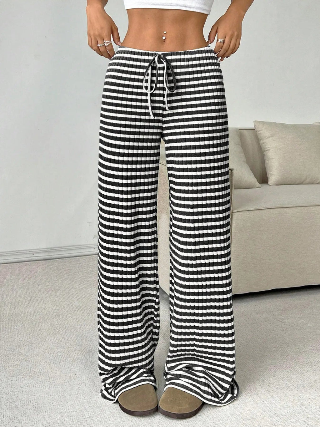 Pantalon Large à Rayures avec Taille Ajustable pour Femme | Idéal pour le Quotidien