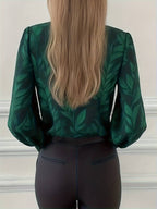 Blouse À Manches Longues Avec Motif Feuilles Et Col En V Pour Femmes | Idéal Pour Travail Ou Usage Quotidien