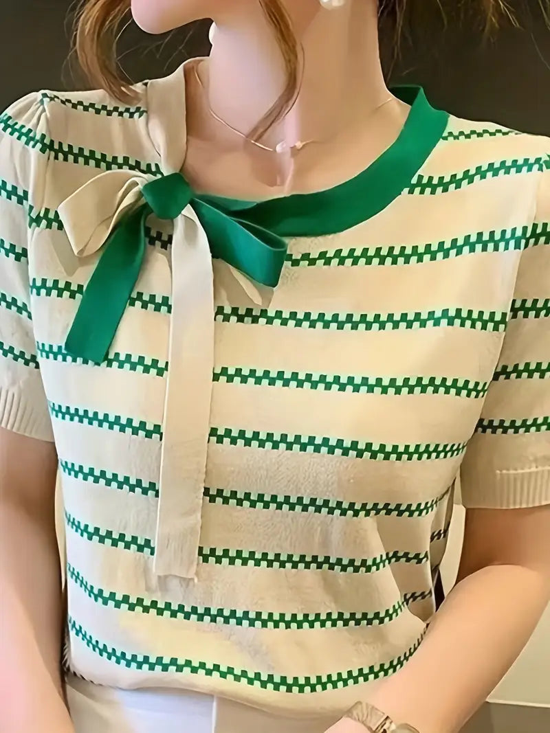 Haut À Col Polo Avec Encolure À Nouer Et Motif Rayé Pour Femme | Idéal Pour Usage Quotidien Et Loisirs