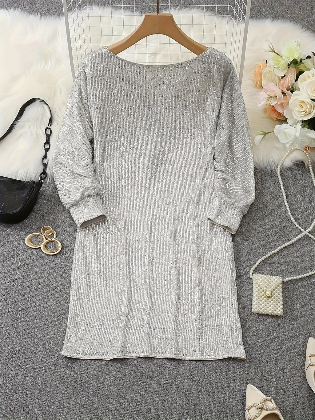 Robe De Soirée À Sequins Contrastés avec Col En V Et Manches Longues pour Femme | Idéale pour Les Événements Formels
