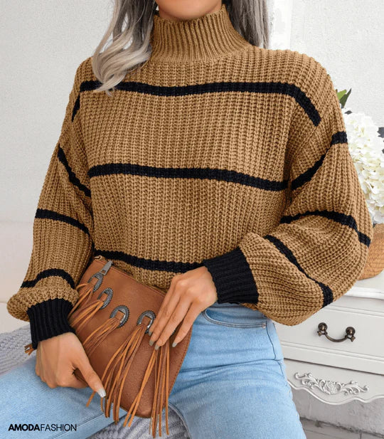 Pull À Col Roulé Rayé avec Manches Longues pour Femme | Idéal pour l’Automne Et l’Hiver