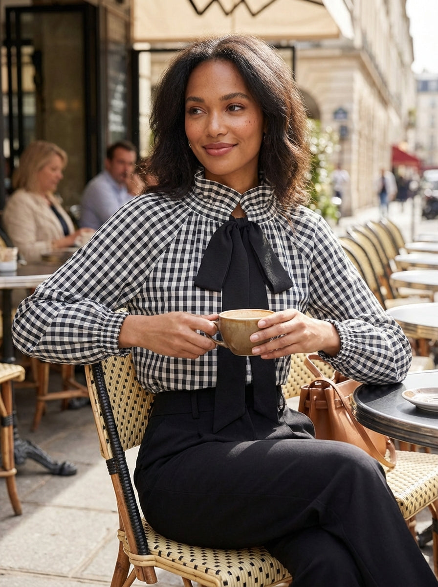 Blouse Ajustée Avec Motif Carreaux Et Nœud Pour Femme | Idéale Pour Usage Quotidien Et Travail