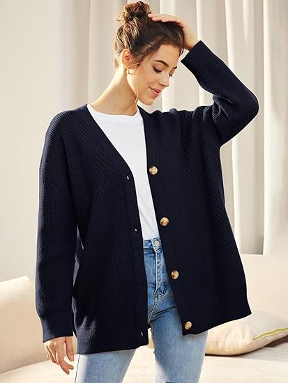 Cardigan Relaxé à Col V avec Boutons pour Femme | Idéal pour le Quotidien et la Superposition