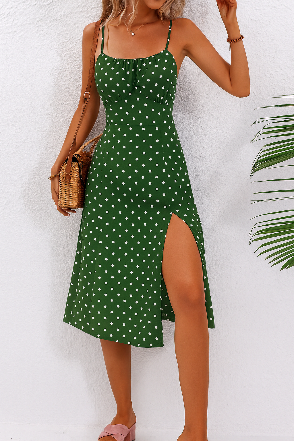 Robe Midi à Imprimé Pois avec Fines Bretelles et Fente Latérale pour Femme | Idéale pour Usage Quotidien et Événements
