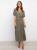 Robe Midi avec Jupe à Étages et Ceinture à Nouer pour Femme | Idéale pour le Quotidien et les Événements