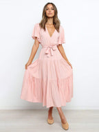 Robe Midi avec Jupe à Étages et Ceinture à Nouer pour Femme | Idéale pour le Quotidien et les Événements