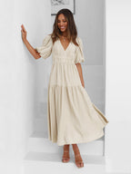 Robe Midi À Encolure V Avec Manches Bouffantes Pour Femme | Idéal Pour Usage Quotidien