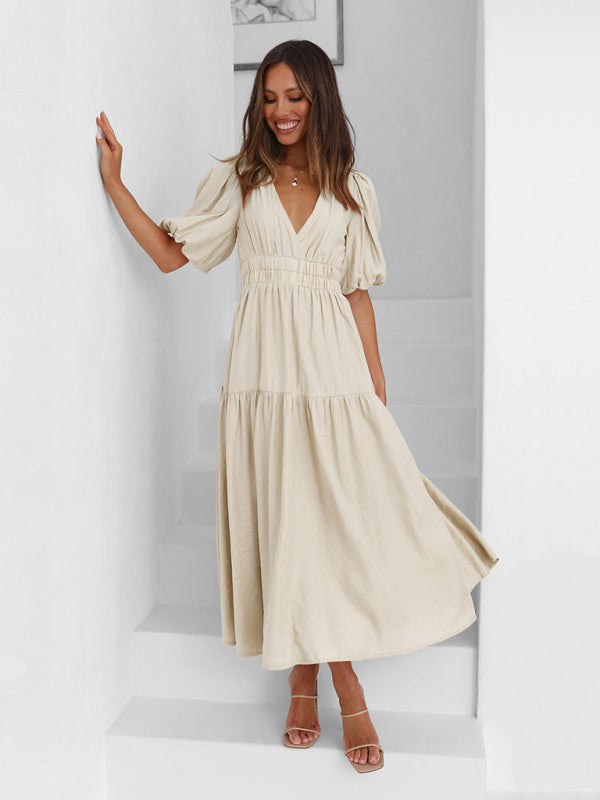 Robe Midi À Encolure V Avec Manches Bouffantes Pour Femme | Idéal Pour Usage Quotidien