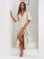 Robe Midi À Encolure V Avec Manches Bouffantes Pour Femme | Idéal Pour Usage Quotidien