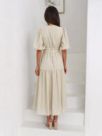 Robe Midi À Encolure V Avec Manches Bouffantes Pour Femme | Idéal Pour Usage Quotidien