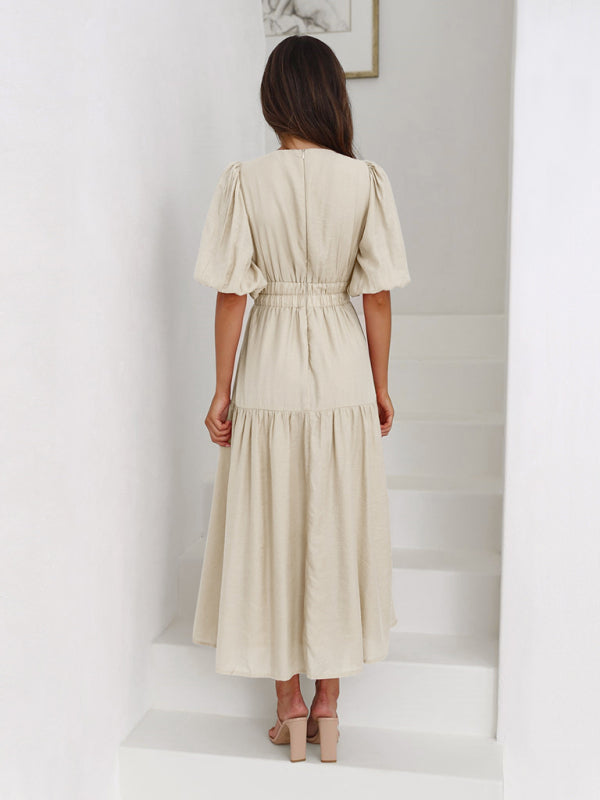 Robe Midi À Encolure V Avec Manches Bouffantes Pour Femme | Idéal Pour Usage Quotidien