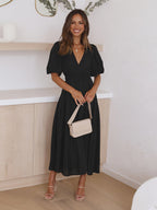 Robe Midi À Encolure V Avec Manches Bouffantes Pour Femme | Idéal Pour Usage Quotidien