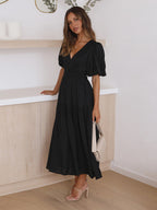Robe Midi À Encolure V Avec Manches Bouffantes Pour Femme | Idéal Pour Usage Quotidien