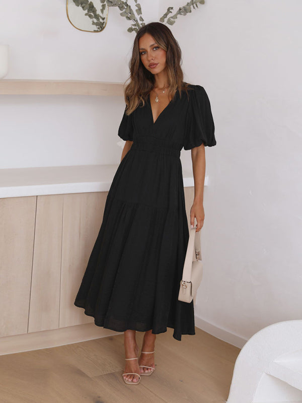 Robe Midi À Encolure V Avec Manches Bouffantes Pour Femme | Idéal Pour Usage Quotidien