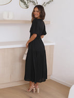 Robe Midi À Encolure V Avec Manches Bouffantes Pour Femme | Idéal Pour Usage Quotidien