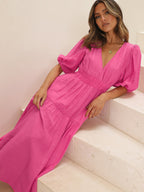 Robe Midi À Encolure V Avec Manches Bouffantes Pour Femme | Idéal Pour Usage Quotidien