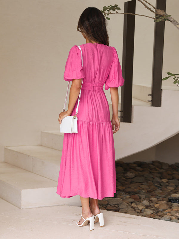 Robe Midi À Encolure V Avec Manches Bouffantes Pour Femme | Idéal Pour Usage Quotidien