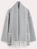 Manteau Long avec Écharpe à Franges pour Femme | Idéal pour l’Automne et l’Hiver
