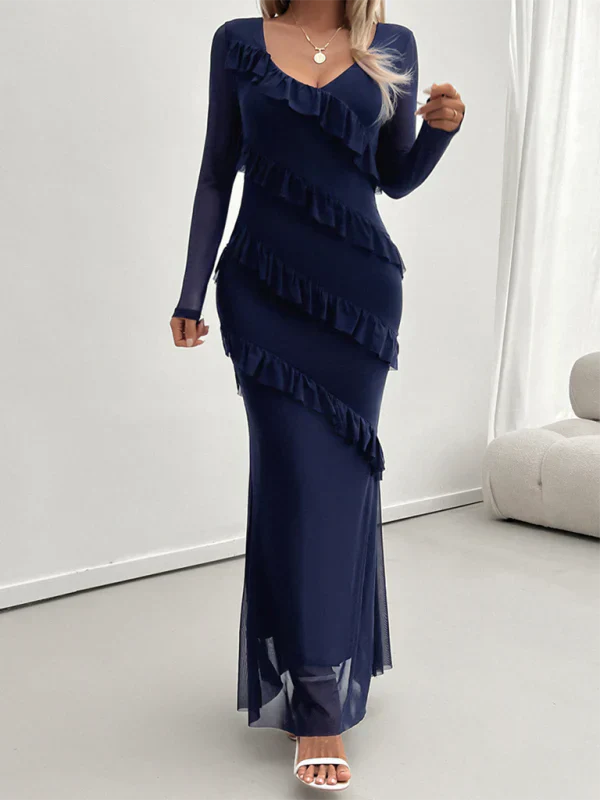 Robe Longue À Volants Avec Col En V Et Manches Longues Pour Femmes | Adaptée Aux Soirées Et Événements