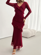 Robe Longue À Volants Avec Col En V Et Manches Longues Pour Femmes | Adaptée Aux Soirées Et Événements