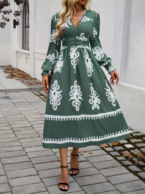 Robe Midi À Imprimé Noir Et Blanc Avec Manches Bouffantes Et Taille Cintrée Pour Femmes | Adaptée Aux Tenues Quotidiennes