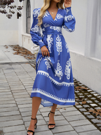Robe Midi À Imprimé Noir Et Blanc Avec Manches Bouffantes Et Taille Cintrée Pour Femmes | Adaptée Aux Tenues Quotidiennes