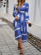 Robe Midi À Imprimé Noir Et Blanc Avec Manches Bouffantes Pour Femme | Idéal Pour Sorties Décontractées