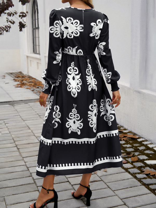 Robe Midi À Imprimé Noir Et Blanc Avec Manches Bouffantes Et Taille Cintrée Pour Femmes | Adaptée Aux Tenues Quotidiennes