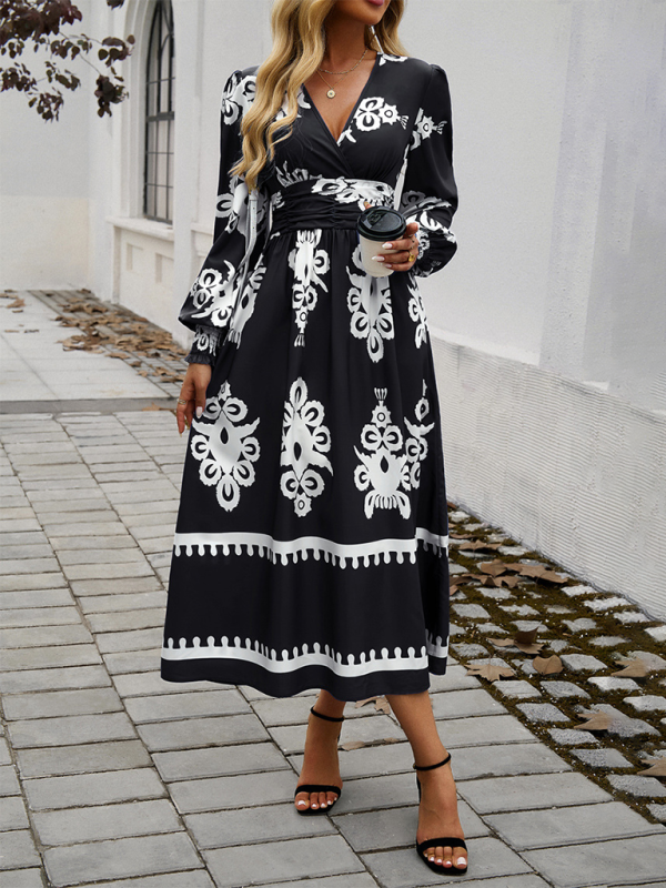 Robe Midi À Imprimé Noir Et Blanc Avec Manches Bouffantes Et Taille Cintrée Pour Femmes | Adaptée Aux Tenues Quotidiennes