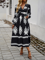 Robe Midi À Imprimé Noir Et Blanc Avec Manches Bouffantes Et Taille Cintrée Pour Femmes | Adaptée Aux Tenues Quotidiennes