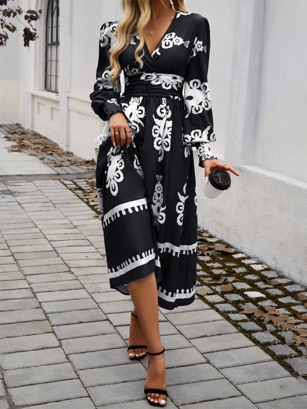 Robe Midi À Imprimé Noir Et Blanc Avec Manches Bouffantes Pour Femme | Idéal Pour Sorties Décontractées