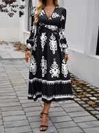 Robe Midi À Imprimé Noir Et Blanc Avec Manches Bouffantes Pour Femme | Idéal Pour Sorties Décontractées
