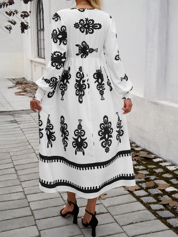 Robe Midi À Imprimé Noir Et Blanc Avec Manches Bouffantes Pour Femme | Idéal Pour Sorties Décontractées