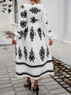 Robe Midi À Imprimé Noir Et Blanc Avec Manches Bouffantes Pour Femme | Idéal Pour Sorties Décontractées